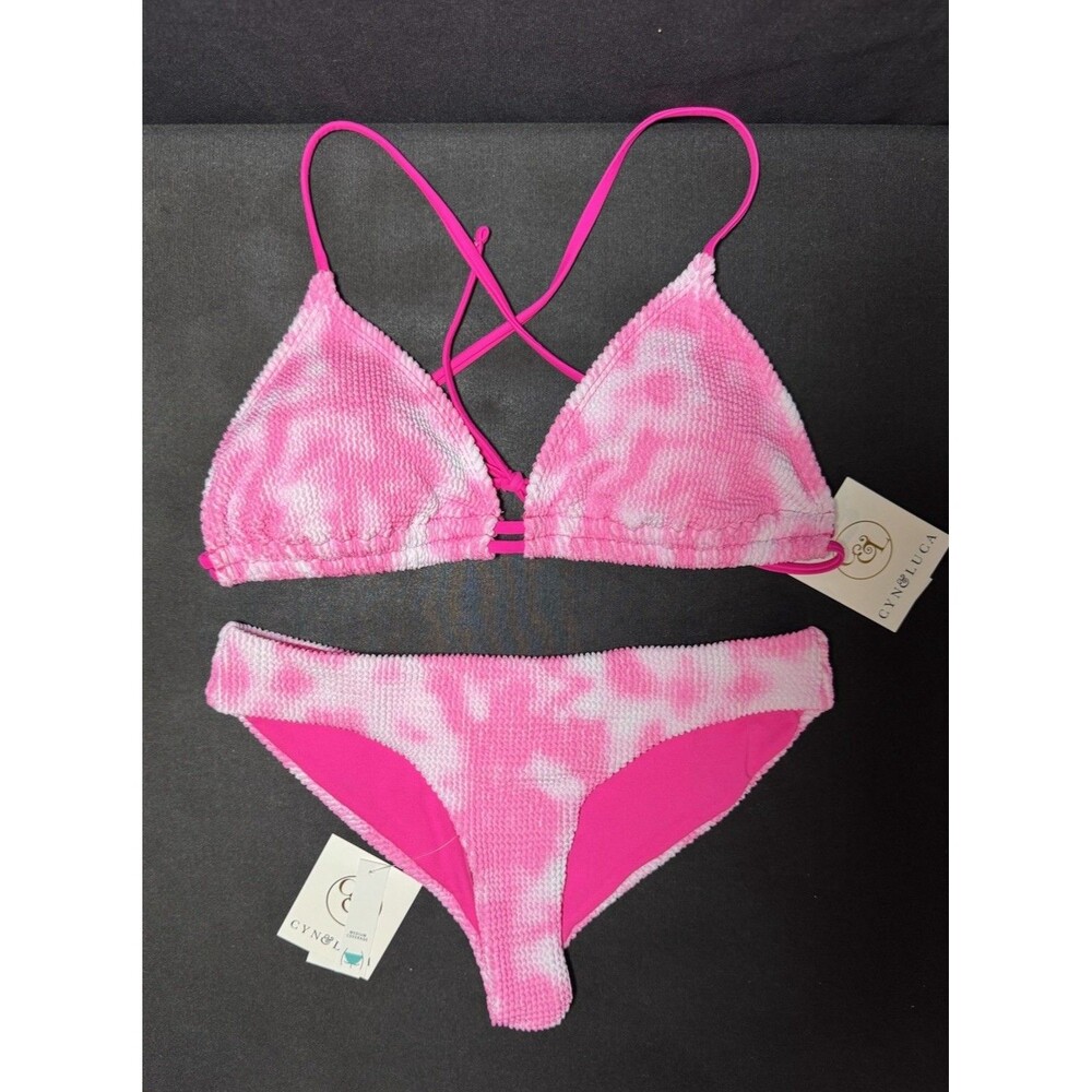 NWT Cyn & Luca Pink Tie Dye Triangle Bikini Swimsuit Set Size M Adjustable Strin
